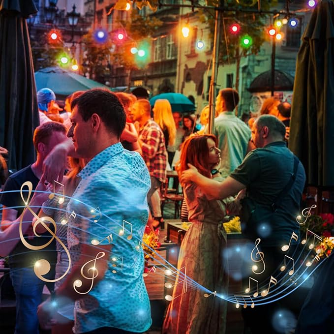 GANA Outdoor String Lights, Patio Lights 75FT Music Flash RGBW Colourful, Safe 12V Low Voltage LED Shatterproof Bulbs Connectable, Heavy Duty Wire IP65 Waterproof Level for Courtyards Cafe Bistro