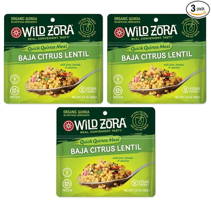 Wild Zora Instant Organic Quinoa Meals - Quick & Tasty Prepared Quinoa Bowls, Pantry Staples Gluten-Free Meal w/Lentils Plus 10g Olive Oil Packet - Baja Citrus w/Tomato, Lime & Cilantro (3-Pack)