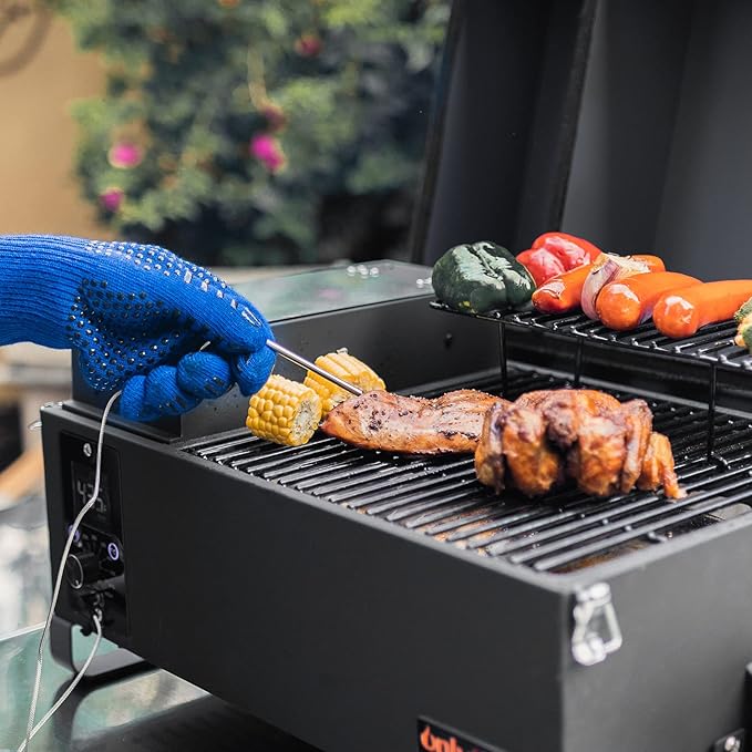 Onlyfire BBQ Wood Pellet Grill Smoker with Meat Probe, 2 Tiers Cooking Area, Portable Tabletop Grilling Stove for Outdoor Kitchen Cooking Smoke and Roast, RV Camping, Black GS314