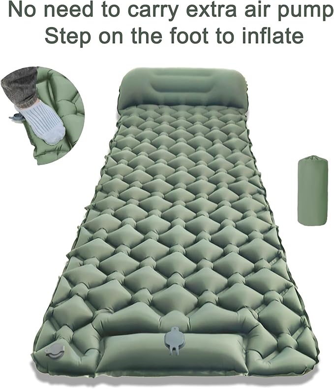 Ultralight Inflatable Camping Sleeping Pad – Compact Built-in Pillow,Waterproof & Durable –Connects to Double Bed and Ideal for Camping, Hiking & Outdoor Adventures (Green)