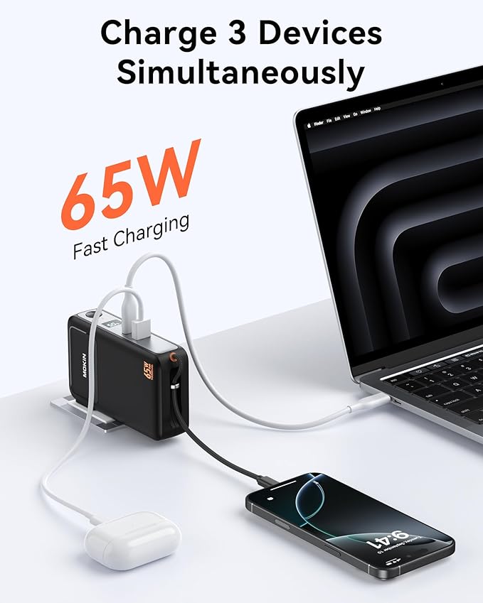 Portable Charger 3 in 1, 10000mAh Power Bank Built in Cable and AC Wall Plug 65W, Phone Battery Pack Fast Charging 35W Max, USB C Travel Chargers for iPhone 16 15 Series, Samsung, MacBook, Laptop
