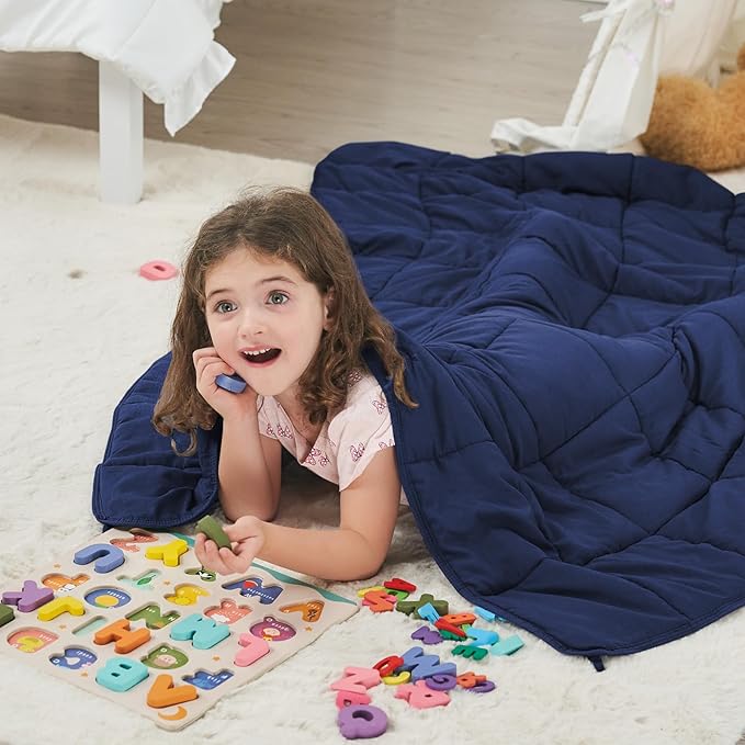 Weighted Blanket Kids (7lbs, 40"x60" Throw Size) - Cooling and Breathable Heavy Blanket for 60-90lbs with Premium Glass Beads - Soft Thick Blankets for All-Season Sleeping Comfort - Navy