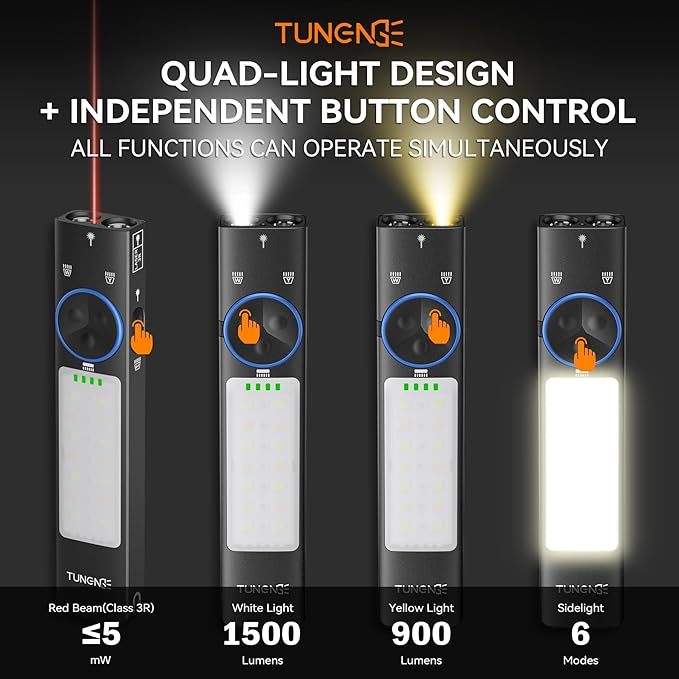 YC8005 2000 Lumen EDC Flat Flashlight Rechargeable with Red Beam, UV, Yellow and White Light LED Combo, Pocket Light with Magnet & COB, for Outdoor, Emergency, Camping.