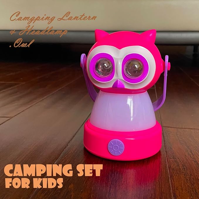 Kids Owl Lantern & Headlamp Set, 2-in-1 360ยฐ LED Camping Night Light, Battery Powered 3รAA, Child-Safe ABS, Portable Adventure Toy & Bedroom Night-Light (Pink Owl Lantern-Headlmp)