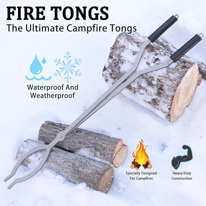 40" Fire Tongs Firewood Grabbers, Stainless Steel Large Fire Pit Tool Indoor Fireplace Outdoor Bonfire Campfire Backyard Deck Camping Log Grabbers Tool