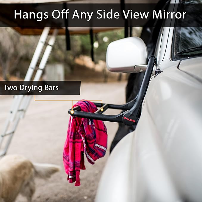 Malo'o Portable Drying Rack – Perfect for Wetsuit Drying, Camping, Fishing & Scuba Gear. The Heavy Duty Hangers Have 2 Drying Bars for Wet Suits or Hockey Gear and can Hang Off The Side View Mirror