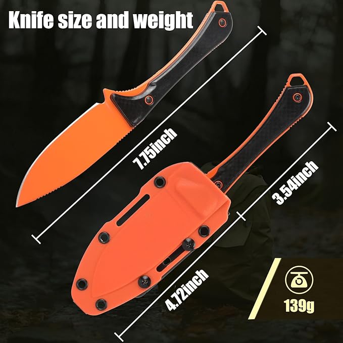 Camping Knife, Fixed Blade Knife With Sheath, Hunting Knife 440c Steel For Outdoor, Hiking, Hunting, Camping (Orange)