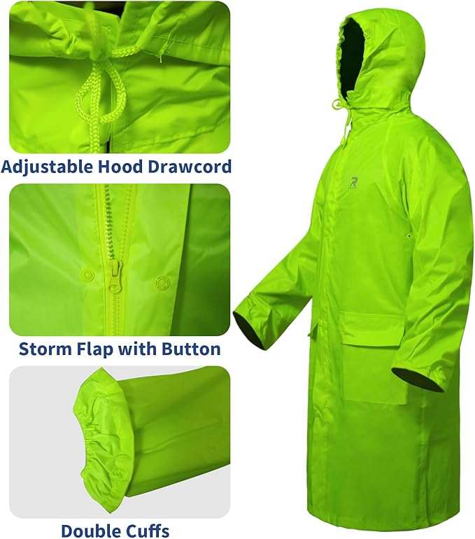 RainRider Raincoat for Men Waterproof Long Rain Jacket with Stowable Hood Lightweight Rain Gear Poncho for Unisex