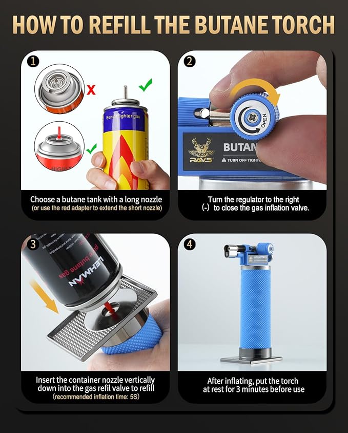 RAVS 2 Flame Mode Butane Torch, Kitchen Torch Lighter for Creme Brulee, Mini Torch with Adjustable Flame, Refillable Soldering Torches for Welding, Resin Art, Blue Cooking torch Butane not Include