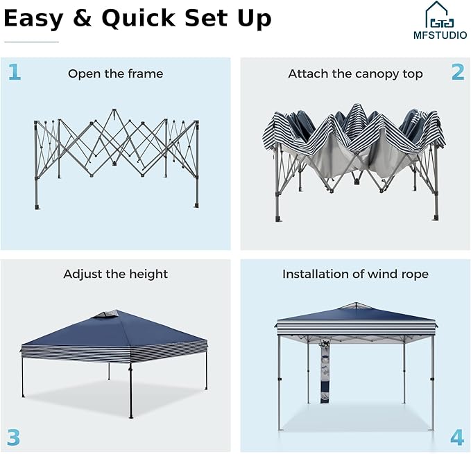 MFSTUDIO Pop Up Canopy Tent, 10x10 Outdoor Canopies One Push Setup Instant Portable Shelter Tens with Vented Top, Storage, 4 Sandbags, Beach Canopy, Blue White Stripe