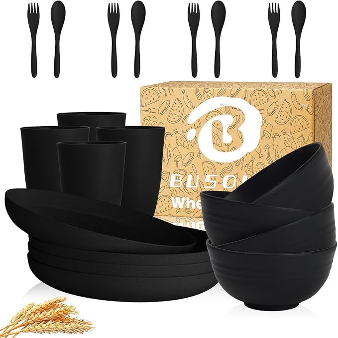 Wheat Straw Dinnerware Sets for 4, Unbreakable Kids Plates and Bowls Sets 20 PCS, Alternatives Reusable Plastic Dinnerware Set, Microwave Safe Kitchen Dish Set for Dorm, Camping (Black)