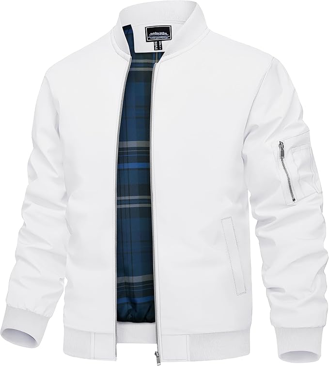 TACVASEN Mens Bomber Jacket Plaid Lined Casual Windbreaker Stylish Light Fall Spring Jackets Windproof Zip Up Coat