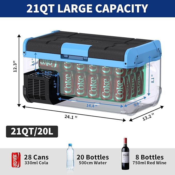 20L Car Refrigerator Freezer, 21QT Single Zone Portable Fridge with Blow Expansion Evaporator, Reversible Door, LED Control, Fast Cooling, 100–240V AC / 12V / 24V DC, -4℉~68℉, Ice Blue
