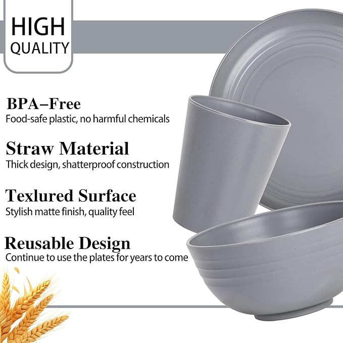 Supernal Dark Grey Wheat Straw Dinnerware Sets,16Pcs Unbreakable Reusable Plastic Wheat Straw Bowls & Plates Dinner Set, Plastic Dinnerware Set for 4, 8Plates, 4Bowls, 4Cups for Kitchen & Camping