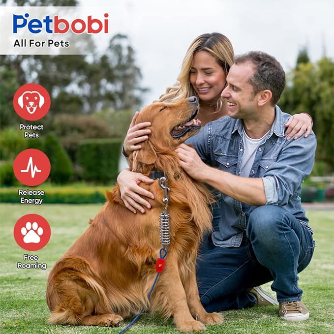 Petbobi Dog Tie-Out Cable and Stake - 40ft Heavy Duty Cable with Spring, No Tangle, 16in Ground Stake, Ideal for Yard, Camping and Beach, Suitable for Medium to Large Dogs Up to 120 lbs, Blue