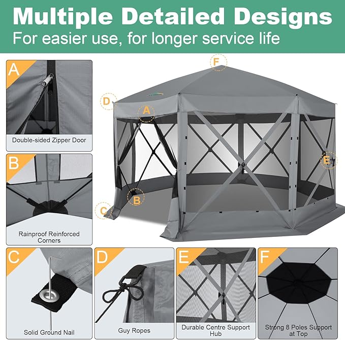 COBIZI 15x15ft Extra Large Pop-Up Gazebo Canopy Tent with Mosquito Netting, Spacious Easy Set-Up Screened Shelter, Durable Outdoor Pavilion with Ground Stakes, Perfect for Patio, Backyard,Gray