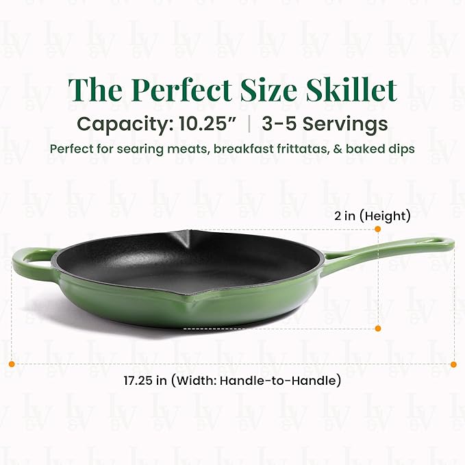 Larder & Vine Enameled Cast Iron Skillet | 10.25 inch Cast Iron Pan | Saute Pan with Pour Spouts | Enamel Coated Cast Iron Skillet | Compatible on All Cooktops & Oven Safe to 500° F | Okra