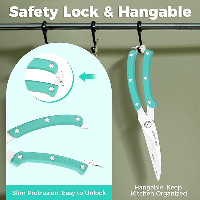 HAUSHOF Kitchen Shears for Food, Heavy Duty Poultry Shears, Stainless Steel Sharp Kitchen Scissors with Serrated Blade, One-Piece Handle, Spring, Safety Lock, 10" Food Scissors for Bones, Meat, Fish
