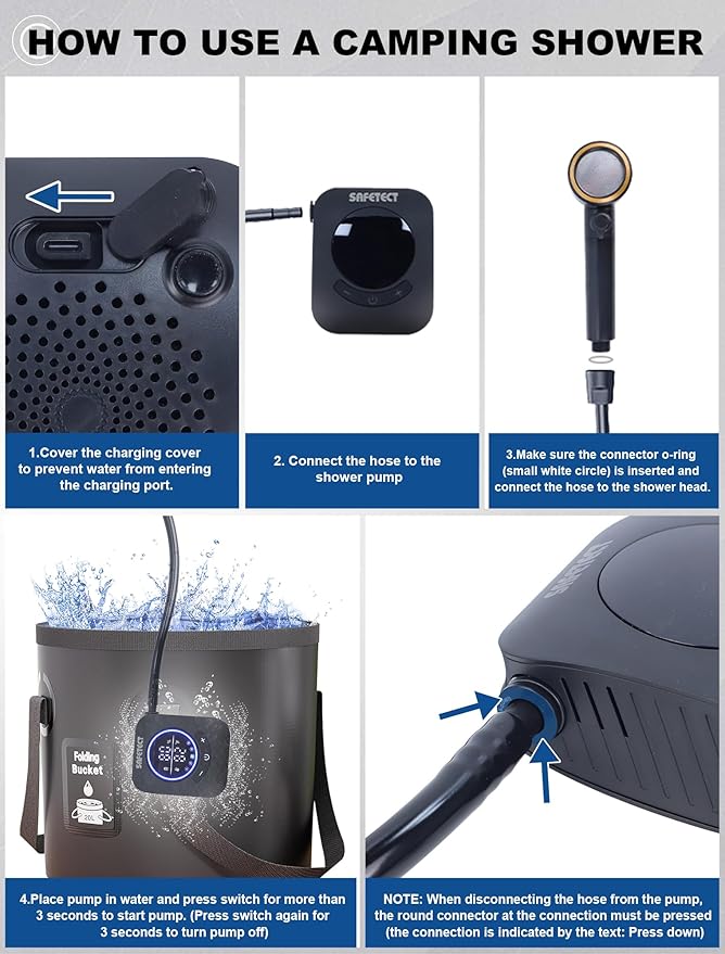 Portable Camp Shower Pump, IPX8 Waterproof, 8000mAh Rechargeable Shower Pump, 5 Speed Mode & 4 Water Mode Camping Shower with 20 L Foldable Bucket, Shower for Hiking,Travel, Pet Bath, Car Wash