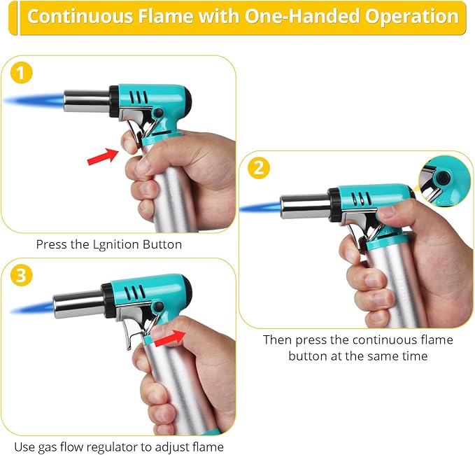 TBTEEK Butane Torch with Fuel Gauge T907, One-hand Operation Kitchen Torch Lighter with Adjustable Flame for BBQ, Baking, Brulee Creme, Crafts and Soldering(Butane Gas Not Included), Aqua