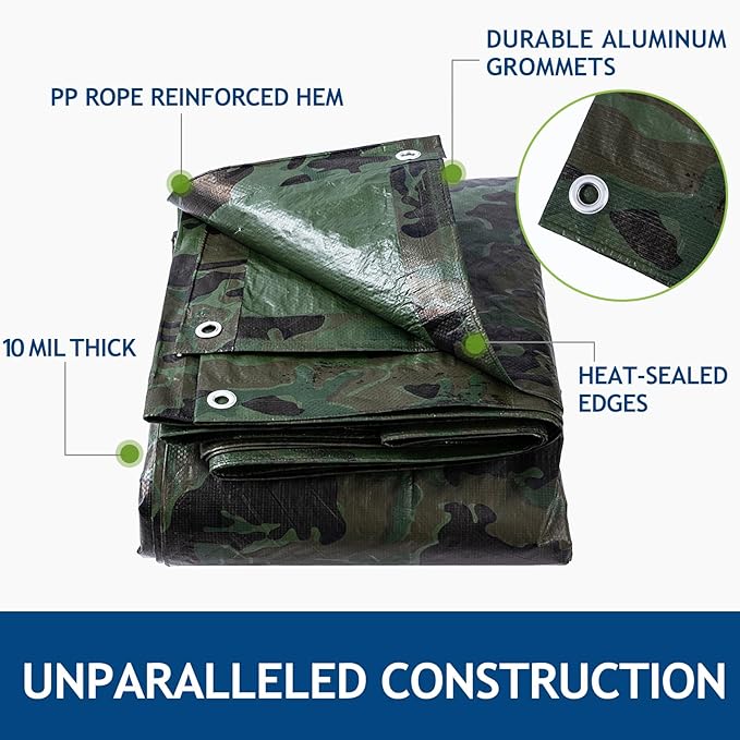 10 Mil Heavy Duty Waterproof Tarp, 10x12 Ft Finished Size Large Tarps with Metal Grommets & Reinforced Edge, Multipurpose Camouflage Tarp for Car, Boat, Roof, Camping - 2 Pack