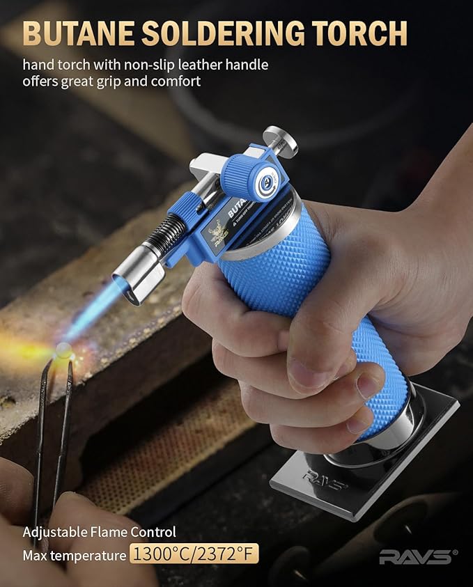RAVS 2 Flame Mode Butane Torch, Kitchen Torch Lighter for Creme Brulee, Mini Torch with Adjustable Flame, Refillable Soldering Torches for Welding, Resin Art, Blue Cooking torch Butane not Include