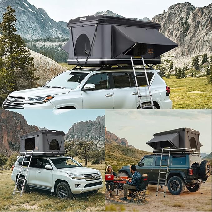 Sanhima Rooftop Tent Hard Shell - Jervis Loft Overland Aluminium ABS Roof Top Tent w/ 4 Sides Windows & AC Duct Hole for Car SUV Truck Camping, for 2-3 People