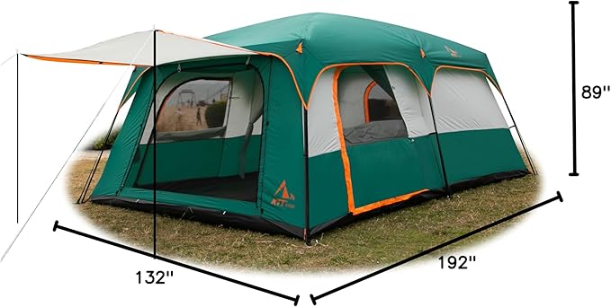 KTT Extra Large Tent 6-10-12-14 Person(A),Family Cabin Tents,2 Rooms,3 Doors and 3 Windows with Mesh,Straight Wall,Waterproof,Double Layer,Big Tent for Outdoor,Picnic,Camping,Family Gathering