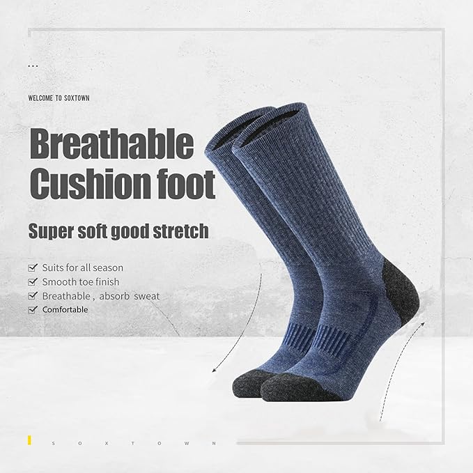 SOX TOWN Men's Merino Wool Cushion Crew Socks for Outdoor Hiking Hike Trail Performance Moisture Wicking Lightweight Summer