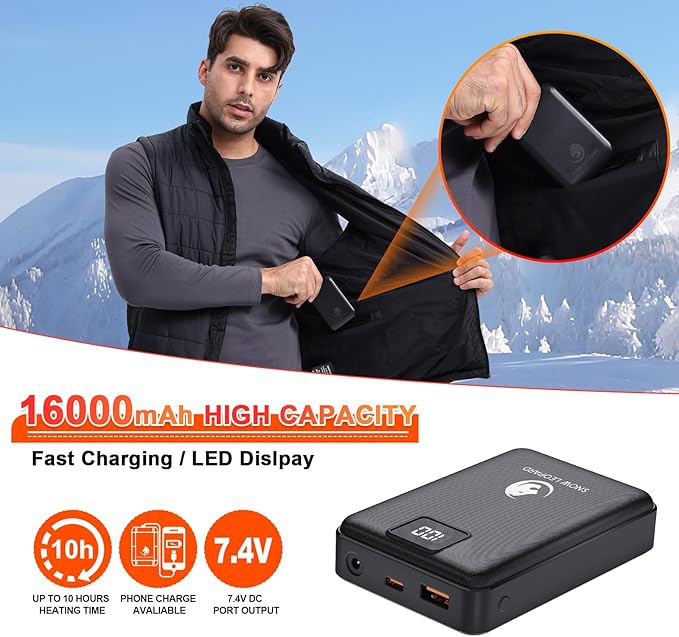 SNOW LEOPARD Heated Vest for Men with Battery Pack Included, 16000mAh 7.4V Rechargeable Men's Heated Vest