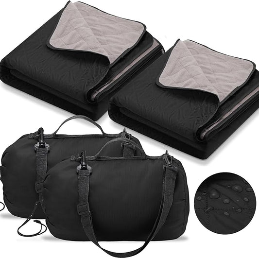 Tranqun 2 Large Outdoor Blanket 78'' x 55'' Quilted Windproof Waterproof Fleece Sandproof Stadium Foldable Warm Blanket for Camping Picnic Sporting Events Cold Weather (Black)