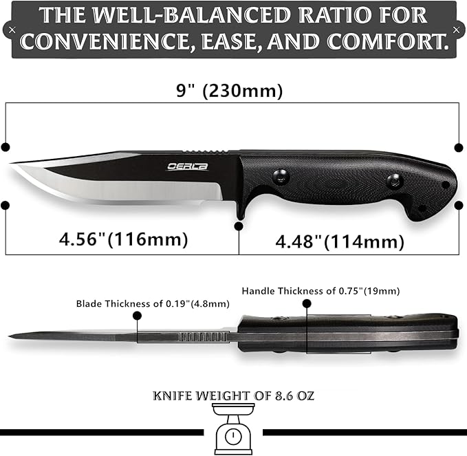OERLA TAC OLK-033RD Outdoor Knife Fixed Blade Camping Hunting Survival Field Knife 420HC Full Tang Steel with Kydex Sheath and EDC Tactical Belt Clip
