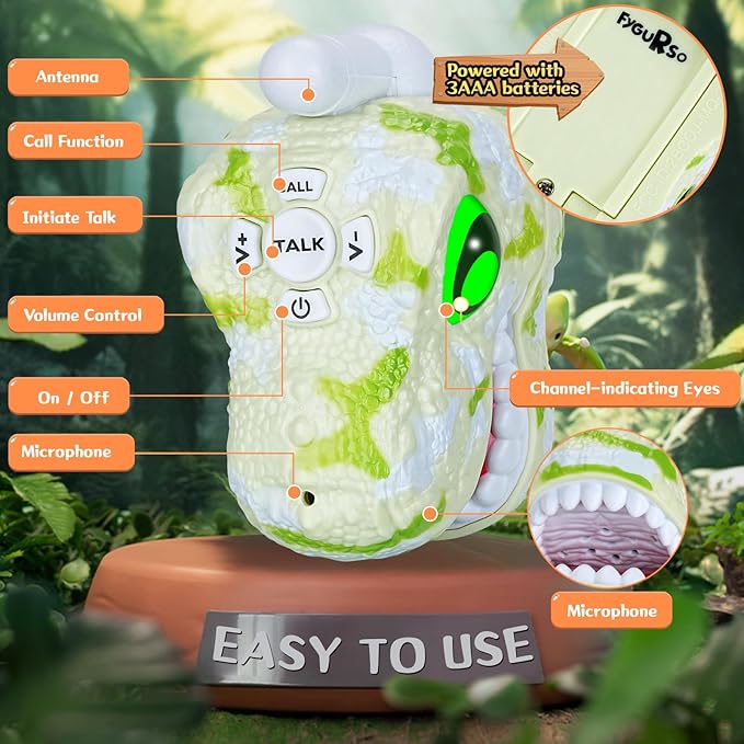 Walkie Talkies for Kids 2 Packs, Kids Toys for Boys Girls Aged 3 to 8 Years Old for Outdoor Adventure, Camping, Halloween, Christmas, Birthday Gifts (Green, Dinosaur)