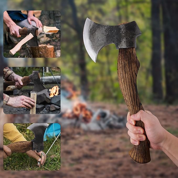 15.1" Hatchet, Camping Axe with 1065 Carbon Steel and Beech Handle, Hand Forged Bushcraft Axe with Leather Sheath for Camping and Survival