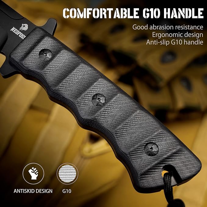 NedFoss BLACK PHOENIX Hunting Knife with Holster, 5.5" 8Cr14Mov Survival Fixed Blade Knife, G10 Handle, Bushcraft & Camping Gifts for Men