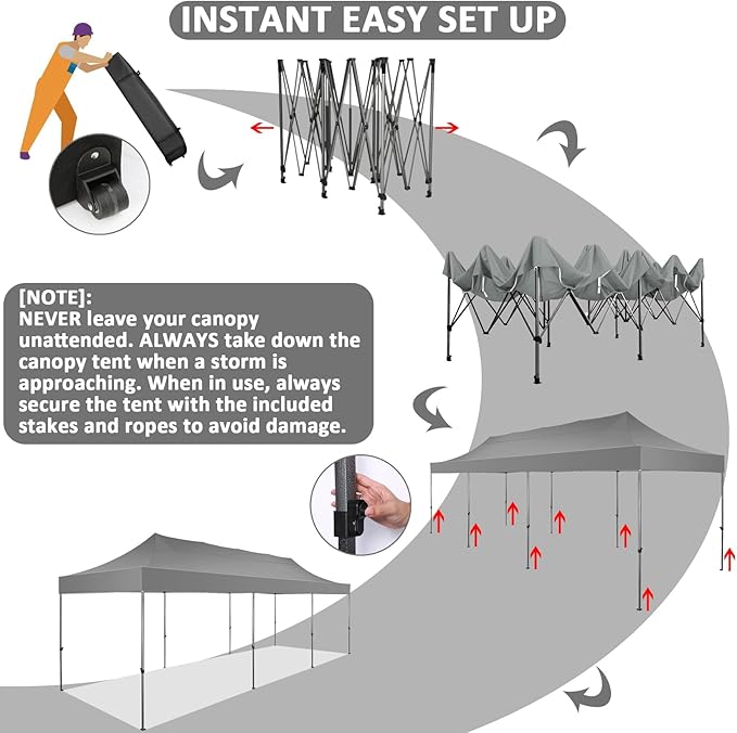 COBIZI 10x30 Pop Up Canopy Without Sidewall,Heavy Duty Canopy UPF 50+ All Season Wind Waterproof Commercial Outdoor Wedding Party Tents for Parties Canopy Gazebo with Roller Bag(10 x 30 ft Gray)