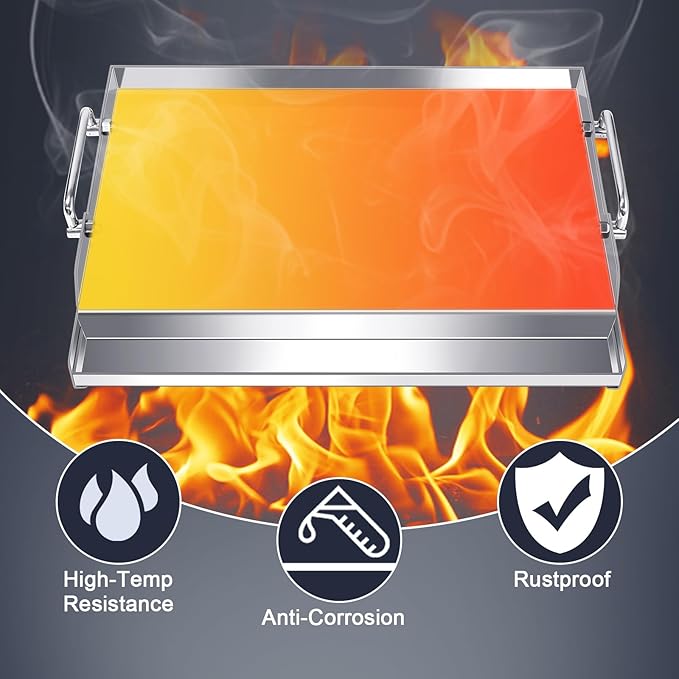 Hiorucet Stainless Steel Griddle, 18" x 12.5" Rectangular Gas Grill Griddle Plate Pan for Charcoal/Gas Grills, Camping, Tailgating, Parties, Indoor/Outdoor Universal BBQ Cooking Flat Top Grill Insert.