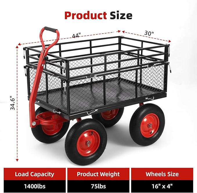 1400lbs Steel Garden Cart, Heavy Duty Yard & Garden Wagon w Removable Mesh Sides, Utility Metal Wagon Convert into Flatbed w 2-in-1 Rotating Handle, 16 inch All Terrain Wheels for Garden, Farm, Yard