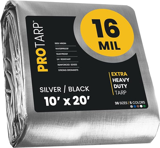 PROTARP Extra Heavy Duty 16 Mil Tarp Cover, Waterproof, UV Resistant, Rip and Tear Proof, Poly Tarpaulin with Reinforced Edges for Roof, Camping, Patio, Pool, Boat. (Silver/Black 10′ X 20′)