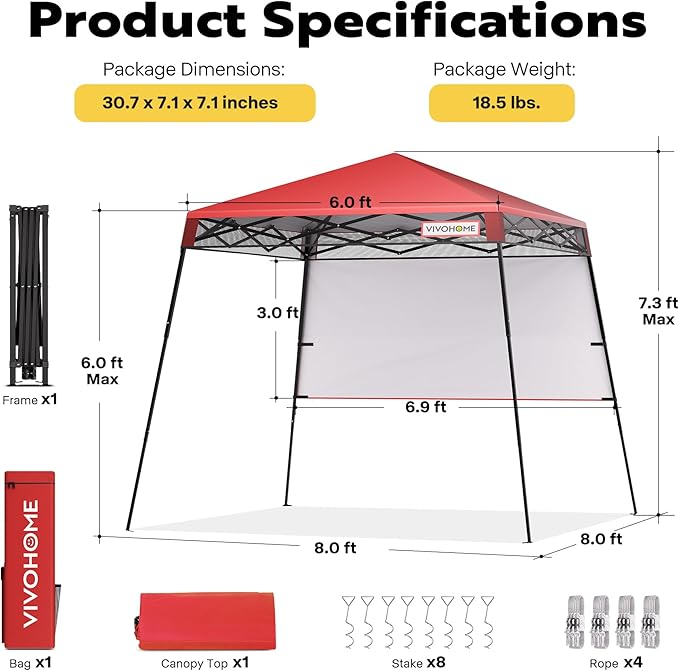 VIVOHOME 8x8ft Pop-Up Canopy Tent with Central Lock Design, Slant Legs, Backpack, and Side Wall, Portable Shelter for Camping, Party, Yard, and Beach Events, Red