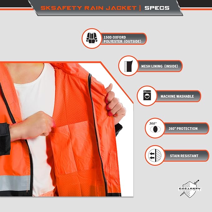 SKSAFETY Hi Vis Reflective Rain suits for Men Waterproof - High Vis Safety Rain Jacket, High Visibility Raincoat for Men