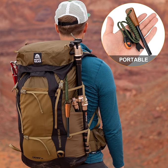 Fire Starter Survival Tool - Handmade Wooden Handle 3/8"" Thick Ferro Rod with Striker and Umbrella Rope Waterproof Iron Rod Flint and Steel Fire Starter Kit