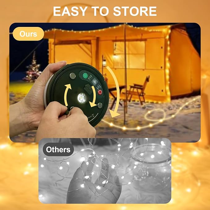 Camping String Lights, 4 in 1 Quick Storage 33FT Rechargeable Tent Lights with 9 Lighting Modes, Hanging Waterproof Portable Retractable LED Lamp for Outdoor, Patio, RV, Awning, Garden, Party