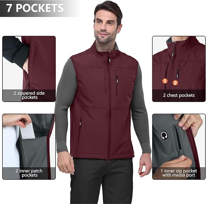 Outdoor Ventures Men's Running Vest Outerwear, Lightweight Windproof Fleece-Lined Softshell Sleeveless Jacket for Golf