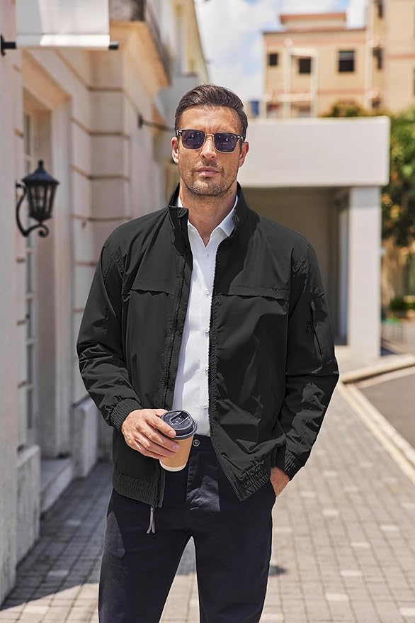 COOFANDY Mens Lightweight Bomber Jackets Stand Collar Windbreaker Softshell Jacket Zip Up Coat for Fall Outdoor