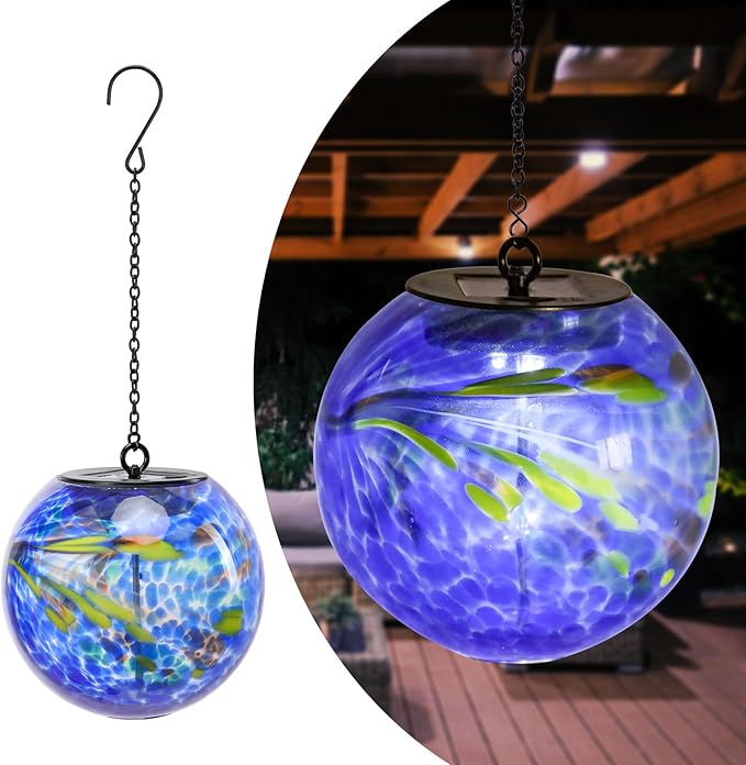 Solar Hanging Lanterns Outdoor Solar Glaze Glass Lantern Globe Hanging Outdoor Lights for Garden Yard Home Decoration Blue