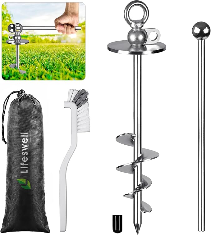 Heavy Duty Dog Tie Out Stake, 15" Dog Anchor, 360° Swivel, No Tangle, Easy Install, for Large Dogs up to 220lbs, Perfect for Yard, Camping, Beach (Silver)