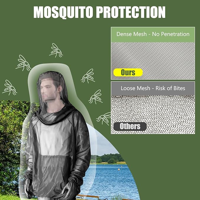 2-Piece Net Suit XXL, Zippered Hood Jacket & Gloves Set, Thickened Breathable Mesh, Adjustable Fit for Upper Body Protection, Unisex Lightweight Outdoor Gear for Camping, Fishing, Hiking, Gardening