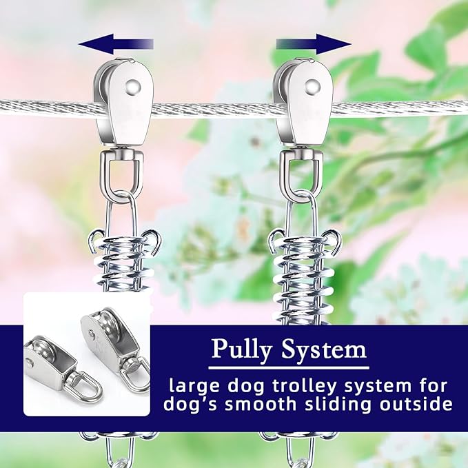 Dog Tie Out Runner for Yard,Trolley System for Large Dogs,Heavy Duty Dog Run Cable Lead 150ft with 10ft Pulley Runner Line for Small Medium and Large Dogs Up to 250lbs Running Outside Yard or Camping