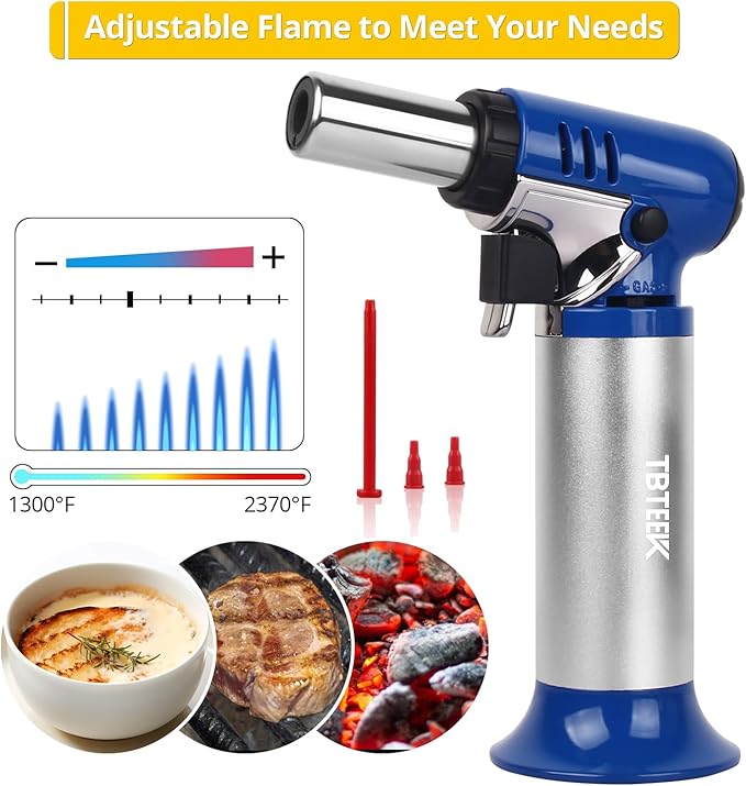 TBTEEK Butane Torch with Fuel Gauge T907, One-hand Operation Kitchen Torch Lighter with Adjustable Flame for BBQ, Baking, Brulee Creme, Crafts and Soldering(Butane Gas Not Included), Blue
